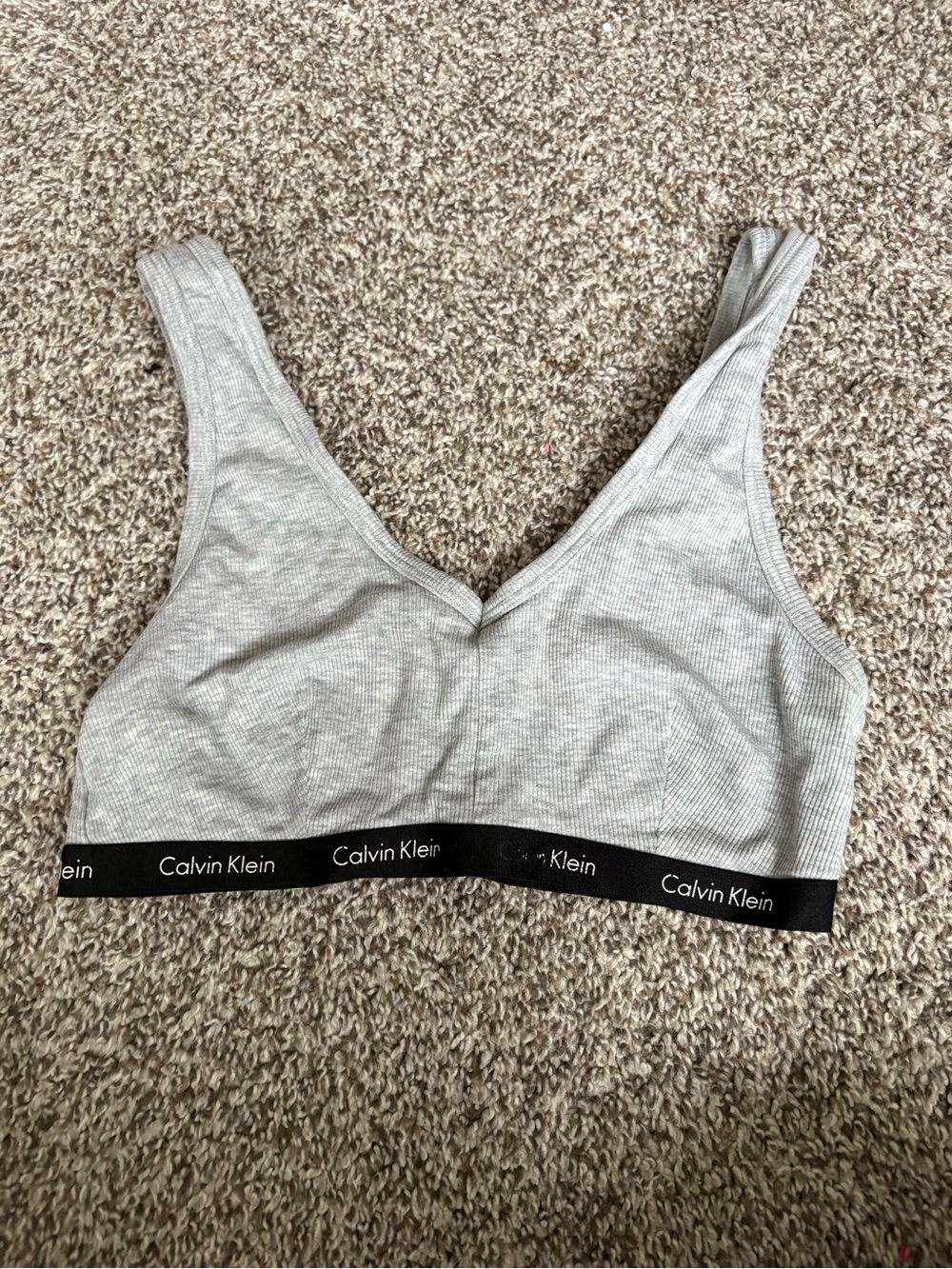Calvin Klein Light Gray Ribbed Cotton Bralette with Black Logo Band